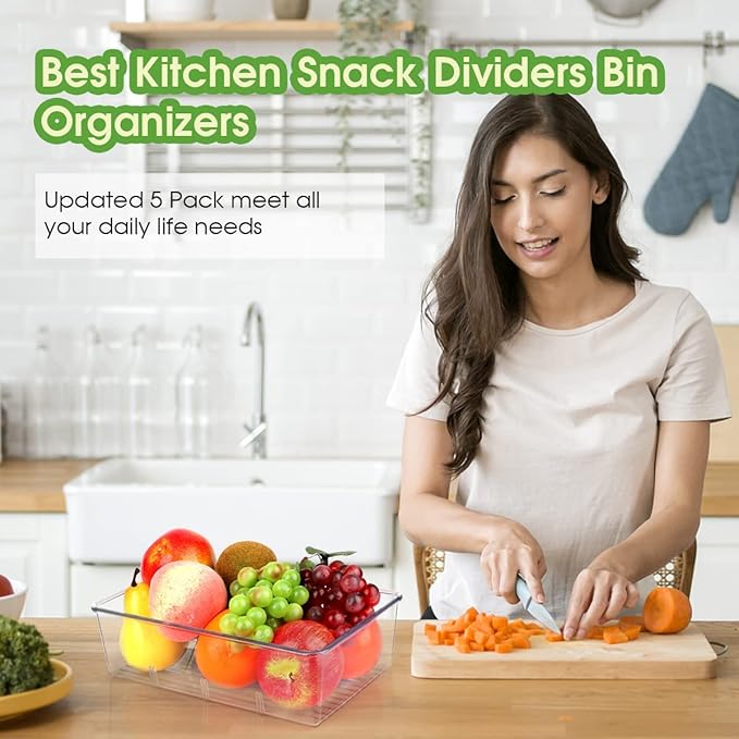 Snack Organizer for Pantry Shelf, 2 Pack Clear Plastic Pantry Storage Bins with 3 Dividers for Snacks, Spices, Chips Food Organizer, Stackable Pantry Organizers for Kitchen, Fridge, Cabinet