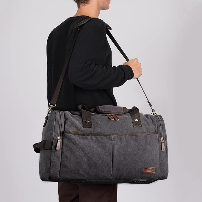 S-ZONE 65L Expandable Canvas Duffle Bag Travel Overnight Holdall Weekend Bag with Shoes Compartment Large Carry On Bag Tote Gym Bag for Men Women, Grey, L