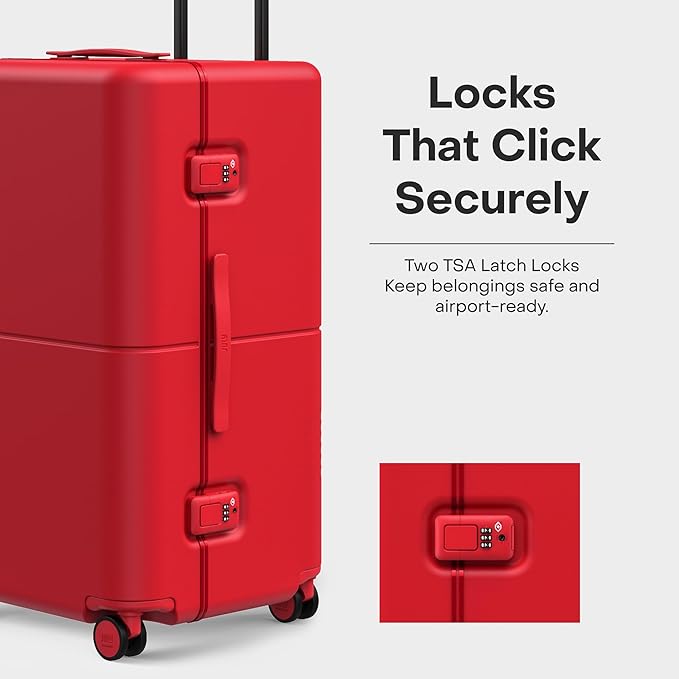 Checked Trunk - 26.8" Zipperless Airline Approved Check In Luggage with Wheels, 80/20 Opening Spinner Suitcase - TSA Lock Rolling Suitcase, Spinner Wheels, Y-Strap - Matte Cherry Red