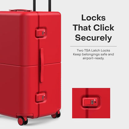 Checked Trunk - 26.8" Zipperless Airline Approved Check In Luggage with Wheels, 80/20 Opening Spinner Suitcase - TSA Lock Rolling Suitcase, Spinner Wheels, Y-Strap - Matte Cherry Red
