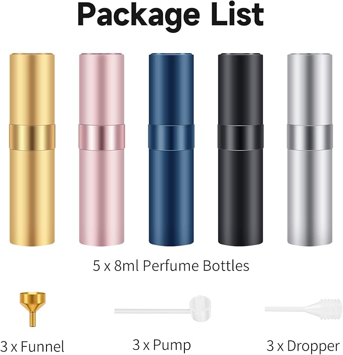Saiveina 8ml Travel Refillable Perfume Bottles, Mini Cologne Perfume Spray Bottle, Empty Pocket Perfume for Travel and Outgoing(5 Pack)