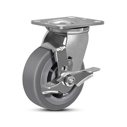 5 Inch Rubber Wheels (Flat Tread)- Heavy Duty Casters, Industrial Caster Wheels- with up to 800 LB Capacity- Use for Dollies, Utility and Maintenance Carts(1 Brake)