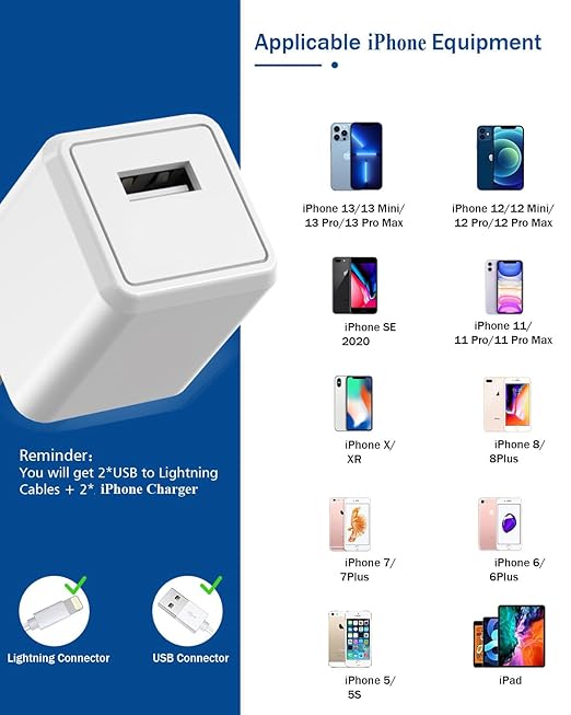 iPhone Charger Cord 6FT, [Apple MFi Certified] 2 Pack Lightning Cable Cube Phone Charging Transfer Cord Cable USB Plug Wall Charger Block Travel Adapter for iPhone 14/13/12/11/SE 2022/8/7/XS/XR/X/iPad