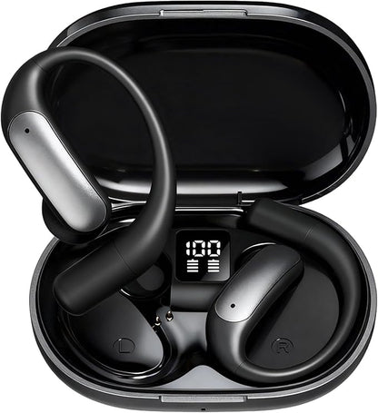 Wentronic Open Ear Headphones, Wireless Earbuds Bluetooth 5.4 with Digital Display, Secure Earhook, 48H Playtime, Enhanced Sound, Clear Calls, IP55 Waterproof Ultra-Light Sports Headphones - Grey