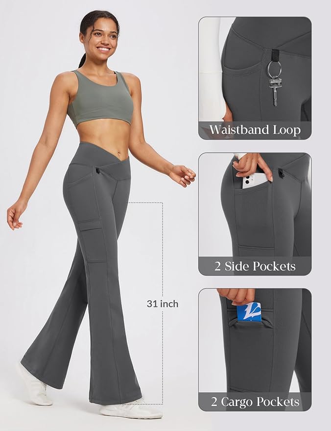 baleaf Women's Fleece Lined Pants Winter Thermal Water Resistant Crossover Flare Leggings Warm Bootcut Hiking Outdoor