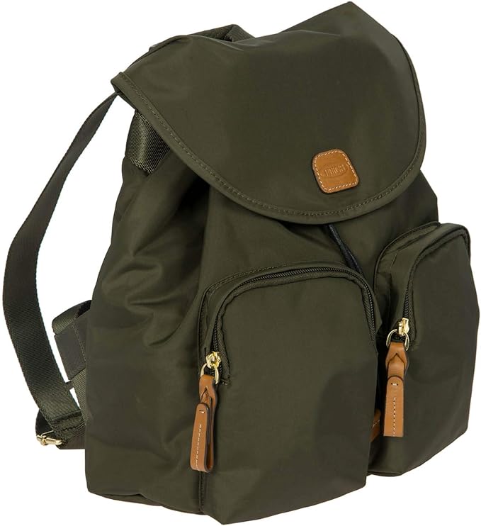 Bric's X-Travel Piccolo City Backpack 10", Water-Resistant Satin Nylon Daypack with Leather Details, Drawstring Closure, Adjustable Straps and Multi-Pocket Organization - Olive
