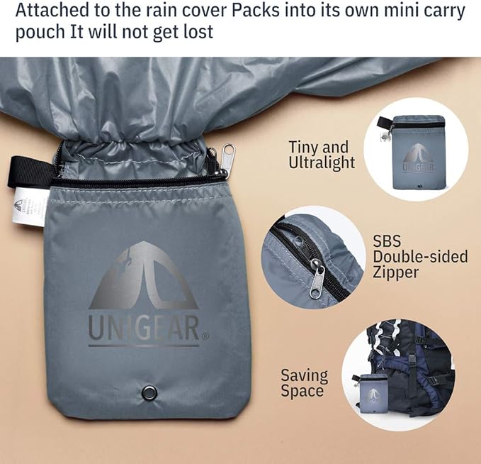 Unigear Backpack Rain Cover Waterproof Rating 5000mm Ultraportable and Durable with 2 Anti-Slip Buckle Strap, Integrated Carry Pouch Design (Gray, Large for 40L-50L Backpack)