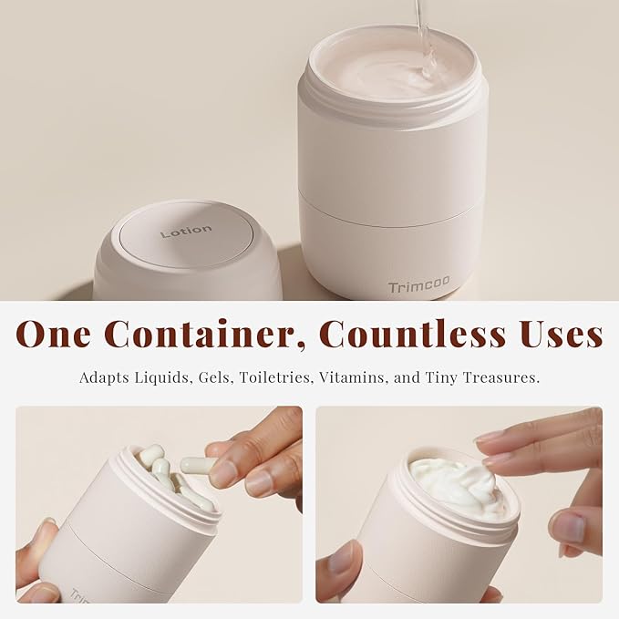New Travel Toiletry Containers [Ultra Leakproof] TSA-Approved, PLA Hard Shell Jars with 5 Magnetic Labels, Wide Mouth Bottles for Lotion, Cleanser, Shampoo, Conditioner, Beige, 3 Pack, 2OZ