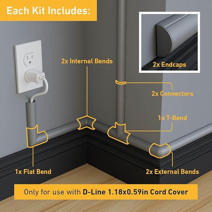 D-Line Medium Cable Raceway Accessory Pack, Join 1.18in x 0.59in Cord Cover Lengths, 10 Accessories Included, Hide Cords Around a Variety of Angles - Gray