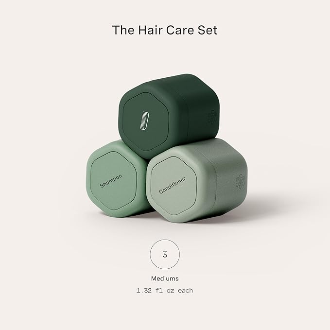 Cadence Travel Containers Haircare Capsule Set - Magnetic Containers with Lids,Carry On Travel Essentials For Women/Men - 3 Flex Mediums (1.32oz) - Shampoo, Conditioner & Comb Icon Labels - Evergreen