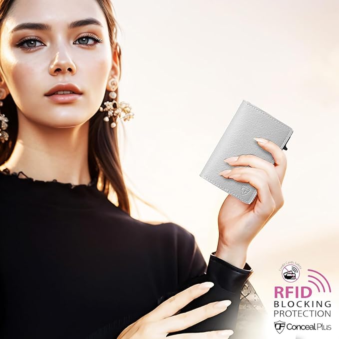 Conceal Plus Small RFID Wallet for Women, Slim Compact RFID Blocking Credit Card Holder Womens Wallet, Smart Pop Up Minimalist Card Case, Holds 4-6 Standard Cards Plus Cash & ID, Compact Travel Wallet