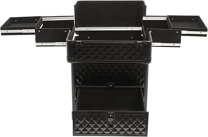 Rolling Makeup Train Case,Multi-functional Cosmetic Trolley with 360° Swivel Wheels Keys,Salon Barber Case Traveling Cart for Nail Technicians Hairstylist (Black)