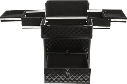 Rolling Makeup Train Case,Multi-functional Cosmetic Trolley with 360° Swivel Wheels Keys,Salon Barber Case Traveling Cart for Nail Technicians Hairstylist (Black)
