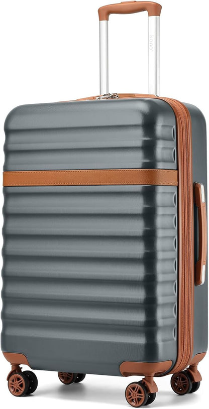 Kono Medium Sized Checked Luggage, 24 Inch Expandable with Spinner Wheels, TSA Lock, ABS + PC Lightweight Travel Suitcase with Larger Capacity and Lighter Weight, Grey Brown