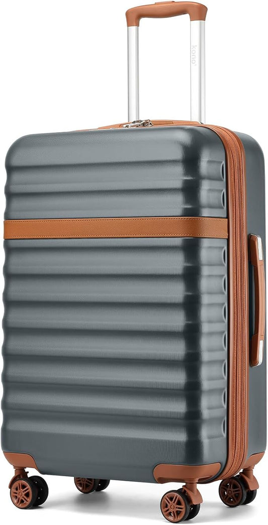 Kono Medium Sized Checked Luggage, 24 Inch Expandable with Spinner Wheels, TSA Lock, ABS + PC Lightweight Travel Suitcase with Larger Capacity and Lighter Weight, Grey Brown
