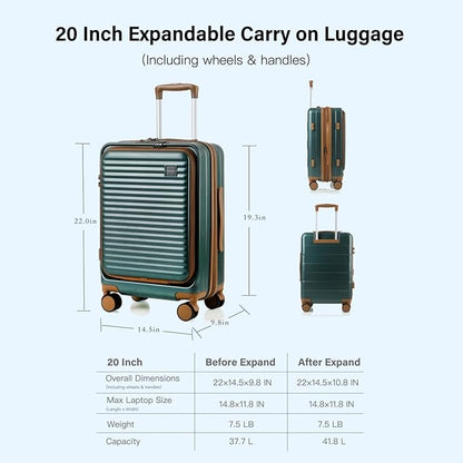 Carry On Luggage Airline Approved, 20 Inch Expandable PC Hardside Lightweight Suitcases with Spinner Wheels and TSA Lock (Dark Green, 20 Inch)
