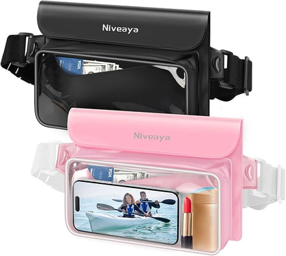 Niveaya IPX8 Waterproof Fanny Pack - 2 Pack, Floating Dry Bag Pouch, Phone Waterproof Waist Pouch Dry Bag, Beach, Kayaking, Swimming, Boat Essentials, for iPhone 17/16/15/14/13/12 Pro Max up to 9.5"