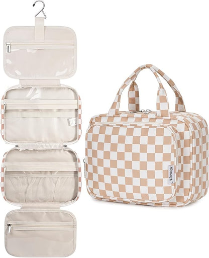 Narwey Hanging Toiletry Bag for Women Travel Makeup Bag Organizer Toiletries Bag for Travel Size Essentials Accessories Cosmetics (Light Checkerboard (Medium))