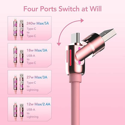 MFish 240W 4-in-1 Universal USB Charging Cable [2 Pack, 6.6ft] – Fast Charger Cord with USB-A, Dual USB-C & Lighting, for iPhone 14/15/16/17 Series, iPad & MacBook & More (2PACK, Pink+Grey, 6.6Ft)