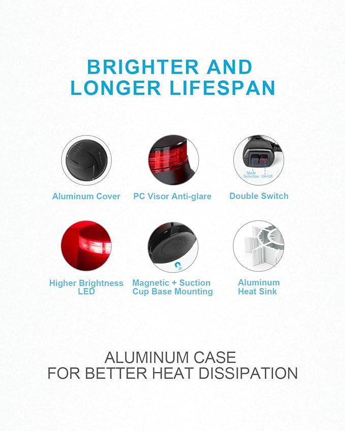 Agrieyes Red Beacon Light 4.2Inch, 7 Flashing Modes Safety Warning Lights Magnetic, LED Emergency Strobe Lights for Vehicles, Caution Hazard Lights for Truck Tractor Golf Carts Snow Plow Postal Cars