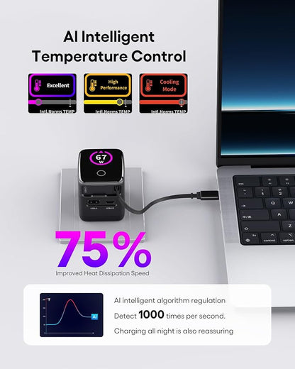WOTOBEUS PD 70W/65W GaN USB-C Wall Charger with Retractable Cable & AI Digital Display - Travel Laptop Power Adapter, PPS 45W 25W Fast Charging for iPhone 17 16, iPad, MacBook, Galaxy S25, Pixel