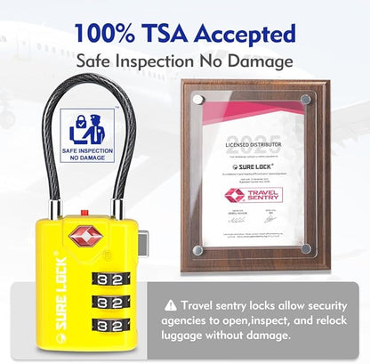 SURE LOCK TSA Compatible Travel Luggage Locks, Inspection Indicator, Easy Read Dials TSA Approved with Zinc Alloy (2, Yellow)