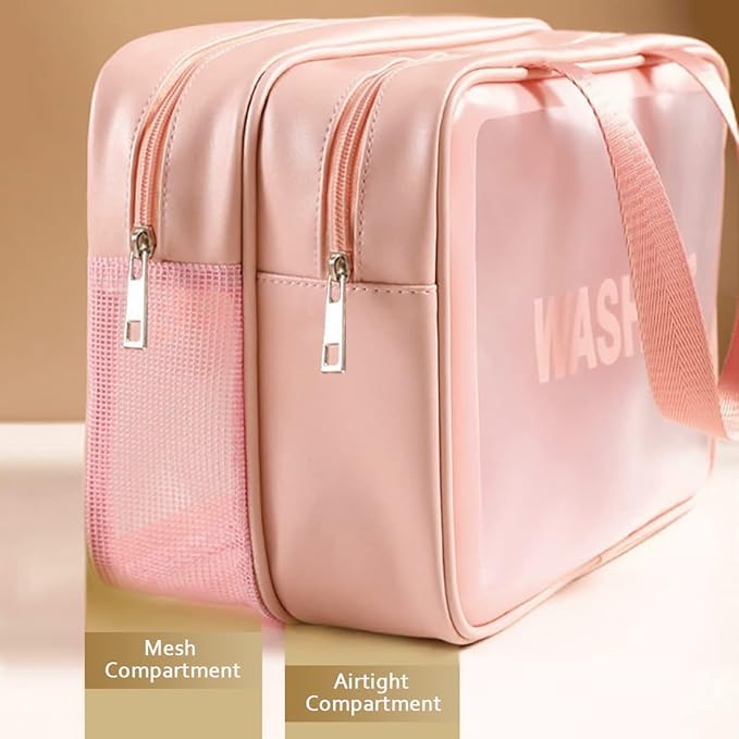 Travel Toiletry Bag for Women, Matte Translucent Toiletry Bag with Handy Handle, Makeup Cosmetic Organizer Bag for Travel Toiletries Accessories (Pink-XL)
