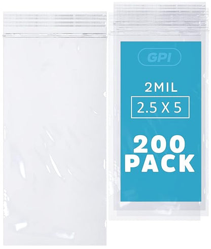 GPI - Pack of 200 2.5" x 5" 2 Mil Thick - Clear Plastic Reclosable Zip Bags - Bulk, Strong & Durable Poly Baggies with Resealable Zip Top Lock for Travel, Storage, Packaging & Shipping