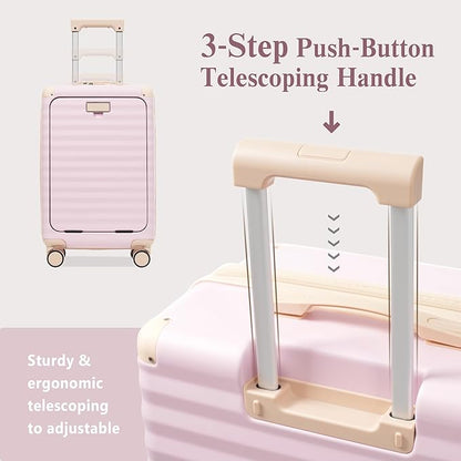 Merax Luggage Sets 3 Piece Front Opening, Hardside Lightweight Carry on Suitcase with Cup Holder USB Port,Durable Expandable Luggage with Bags Spinner Wheels and TSA Lock,Pink