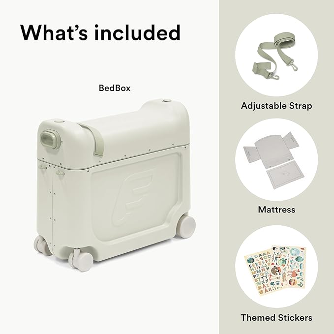Stokke JetKids BedBox, Sea Green - Ride-On Suitcase for Kids 2-7 Years Old (up to 77 lbs) - Transforms Into Bed - Includes Mattress, Decorative Stickers & Adjustable Carrying Strap