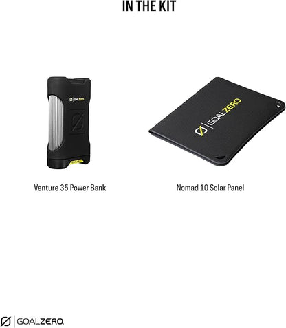 Goal Zero Venture 35 Portable Charger Power Bank with Nomad 10 Solar Panel Kit 9600mAH 18W USB-C Power Delivery Port, 2 USB Outputs IP67 Rating 50 Lumens Flashlight