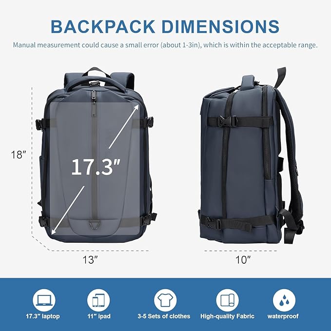 Travel Backpack for Men and Women, Flight-Approved Carry-On Backpack with Laptop Compartment; Large-Capacity Personal Item for Business, Work, School, or Weekend Trips(Blue)