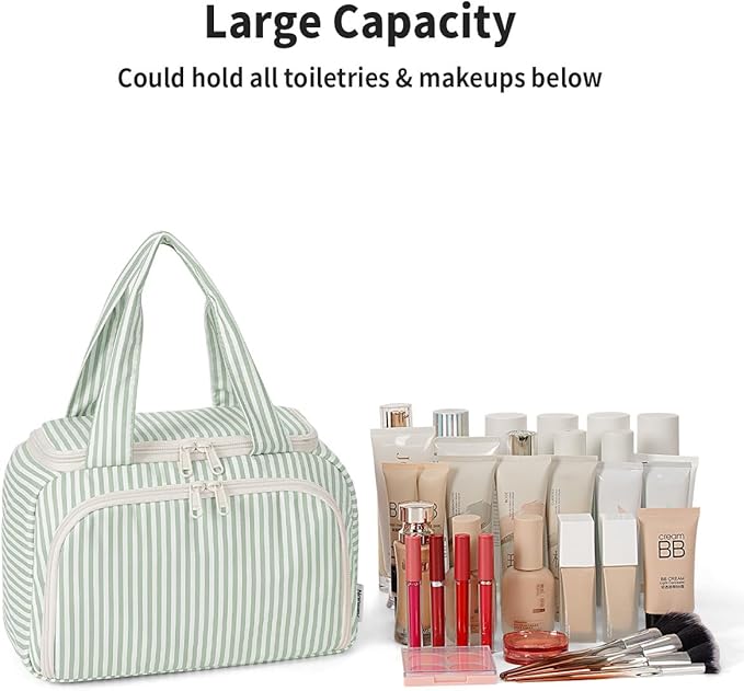 Narwey Large Travel Toiletry Bag, Wide-open Travel Bag for Toiletries, Toiletry Bags for Traveling Women, Cosmetic Make Up Makeup Bag Organizer with Wet Pocket, Shower Skincare Bag (Mint Green Stripe)