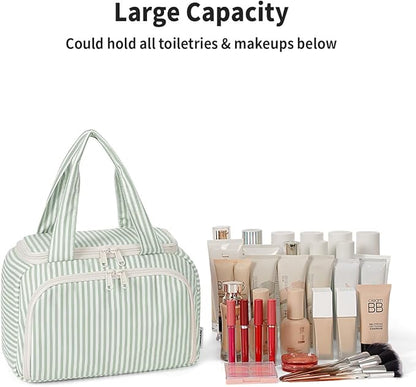 Narwey Large Travel Toiletry Bag, Wide-open Travel Bag for Toiletries, Toiletry Bags for Traveling Women, Cosmetic Make Up Makeup Bag Organizer with Wet Pocket, Shower Skincare Bag (Mint Green Stripe)
