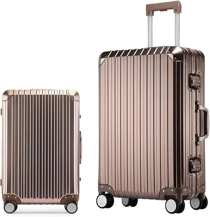 Oblique Angle Metal All Aluminum Magnesium Alloy Carry-on Luggage TSA Customs Lock Zipperless Silent Rotary Wheel Business Suitcase Set(titanium gold, 2Piece(20''/26''))
