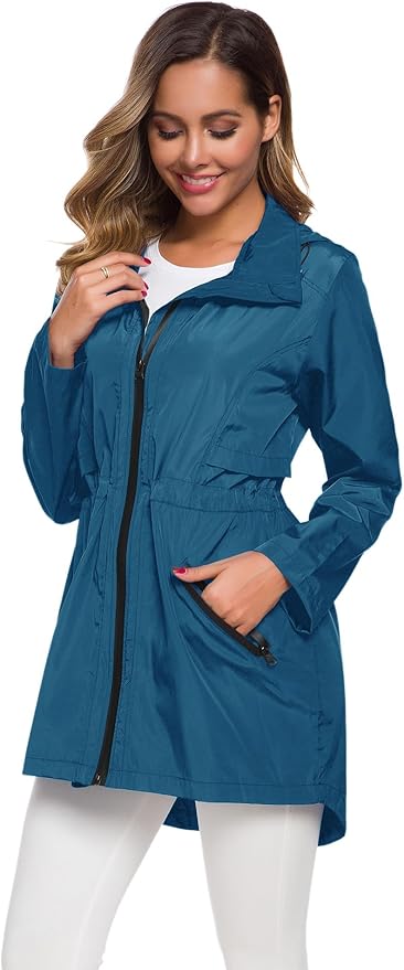 Avoogue Women's Long Raincoat with Hood Outdoor Lightweight Windbreaker Rain Jacket Waterproof