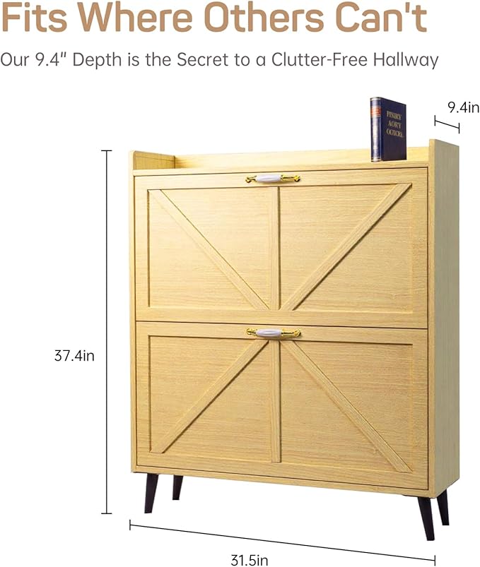 Shoe Storage Cabinet for Entryway with 2 Flip Drawers, Narrow Metal Shoe Cabinet with Anti-Tip, Holds 12-16 Pairs, Freestanding Shoes Cabinets Storage for Entryway, Foyer, Hallway