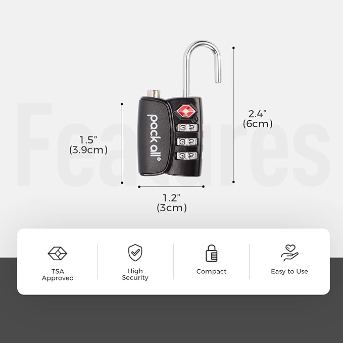 pack all TSA Approved Luggage Lock, Inspection Indicator, Alloy Body, 3 Digit Combination Padlocks, Travel Lock for Suitcases & Bag, Travel Accessories