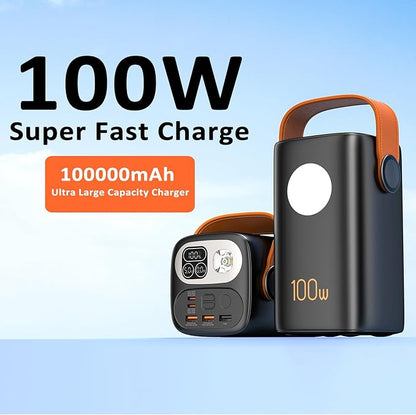 100000mAh Portable Charger Super Capacity Power Bank+ Built-in Cables, with LED Light, 4 Outputs, 3 Inputs for iPhone, Samsung, Android, etc