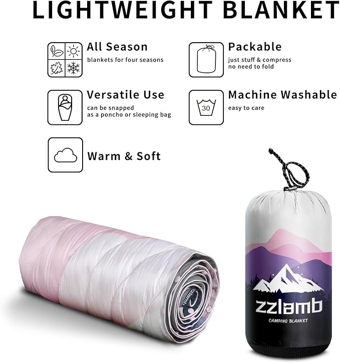 zzlamb Camping Blanket for Cold Weather,Outdoor Puffy Blanket Portable Down Alternative,Windproof Warm Cloak with Snaps,Cozy Quilt Backpacking Picnic RV Travel Plane Car Hammock Beach Climbing