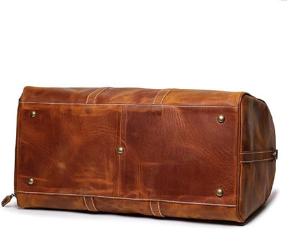 24 Inch Leather Travel Weekend Luggage Bag, Mens Duffle Retro Carry on Handbag (Brown)