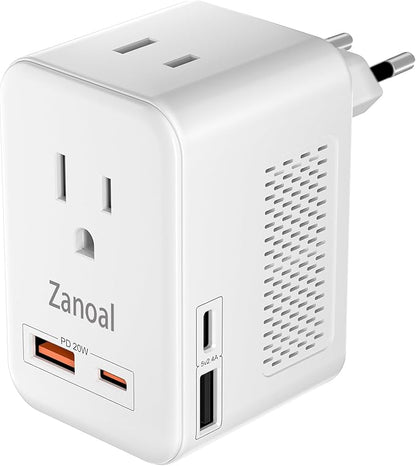 6 in 1 European Travel Plug Adapter,220v to 110v Voltage Converter,US to Europe Travel Adapter,20W PD USB-C Power Adapter, 2 USB A+ 2 Type C,Max 1400w for Hairdryer/traightener/Curling Iron