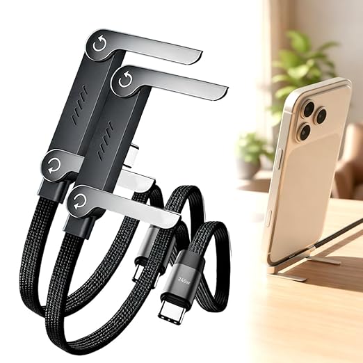 240W Braided Fast Charge Cable With Built-in Phone Stand, 2026 New T-Shaped Foldable Durable USB-C Cord, 90 Degree USB C Cable Right Angle Multi-Functional Charger Cord, Type-C to Type-C (2Pcs)