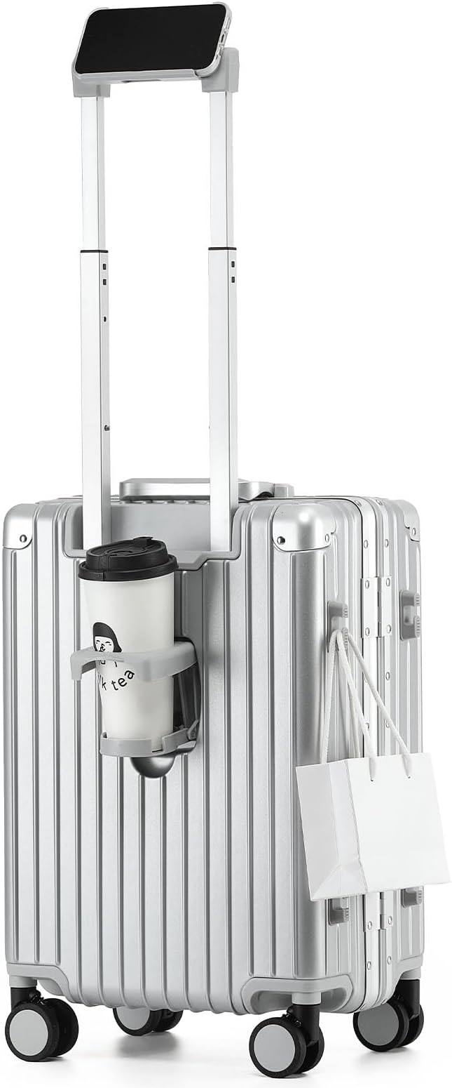 20 Inch Aluminum Frame Carry On Luggage 22x14x9 Airline Approved with Spinner Wheels,Zipperless Hard Shell Small Rolling Suitcases with TSA Approved USB Port,Cup & Phone Holder,Silver