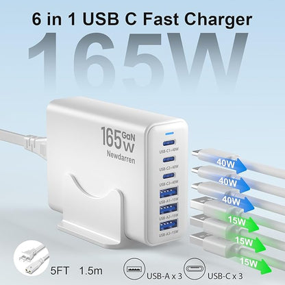 USB C Fast Charger Block for iPhone 17 Charger, 3 Type C Ports Each 40W Charger for iPhone 17 16 15 Pro Max Plus, iPad, Tablets, Total 165W GaN 6 Port Wall Charging Station Hub Adapter