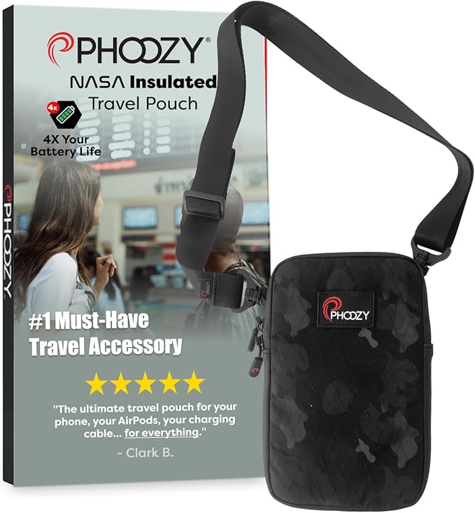 PHOOZY Orion Insulated Tech Bag For Travel - NASA Insulation Protects Your Phone, AirPods and Other Devices. Weatherproof X-Tech Shell with RFID Blocking Pocket for Complete Protection (BLACK CAMO)