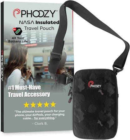 PHOOZY Orion Insulated Tech Bag For Travel - NASA Insulation Protects Your Phone, AirPods and Other Devices. Weatherproof X-Tech Shell with RFID Blocking Pocket for Complete Protection (BLACK CAMO)