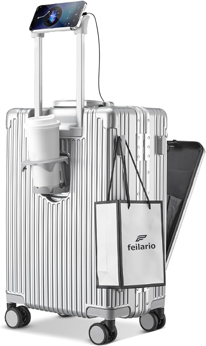 feilario 20in Aluminium Frame Zipperless PC Hard Shell Spinner Wheels Luggage, Built-In TSA lock Carry on Suitcase, with Cup Holder, USB Port, Phone Holder