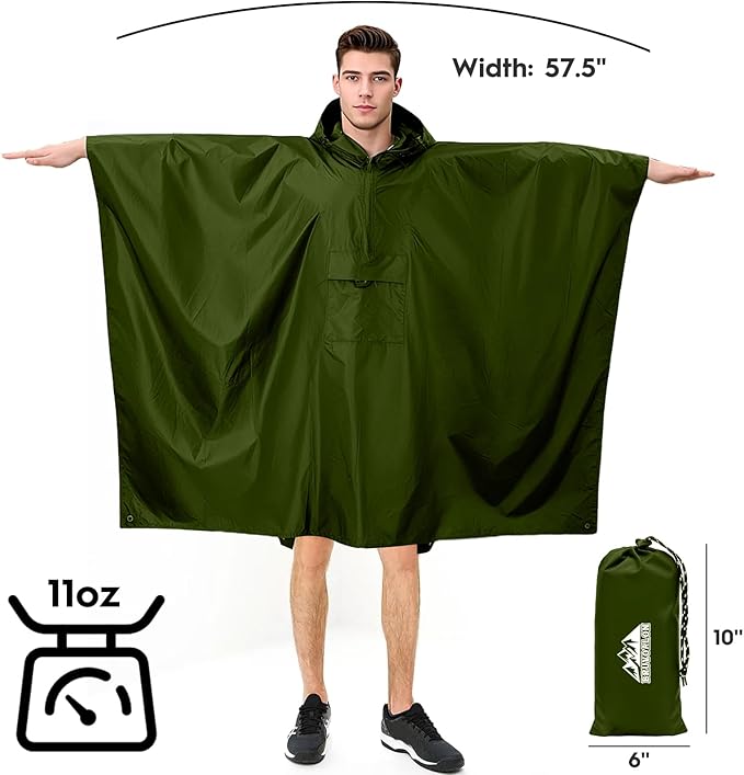 Bruvoalon 3-in-1 Rain Poncho with 1/4 Zip & Chest Pocket, Waterproof, Sunshade, Ground Mat for Adults & Youth Emergency