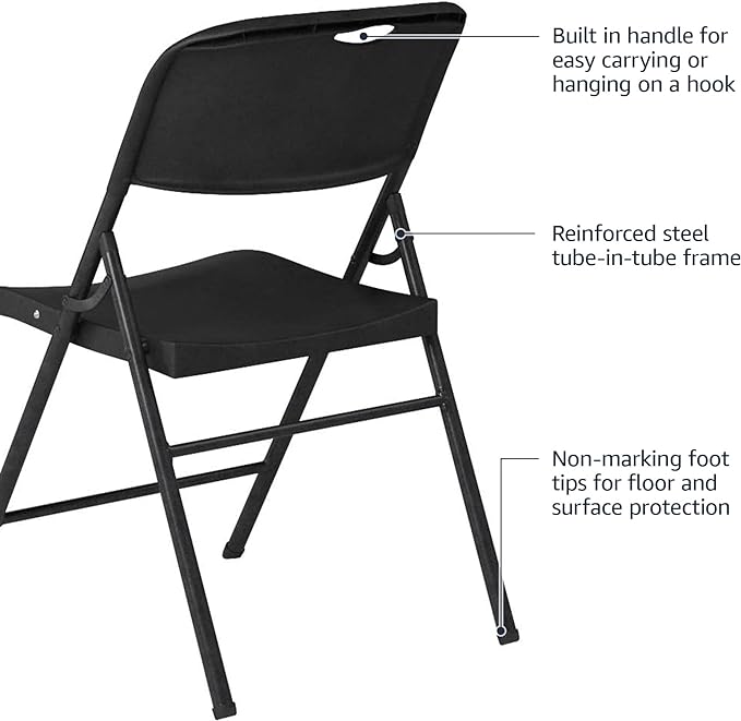 Amazon Basics Foldable Portable Sturdy Folding Plastic Chair, 350-Pound Capacity, Black, 2-Pack